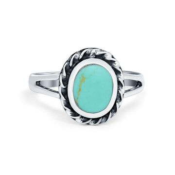 Oval Simulated Turquoise CZ Ring Split Shank Braided Round 925 Sterling Silver